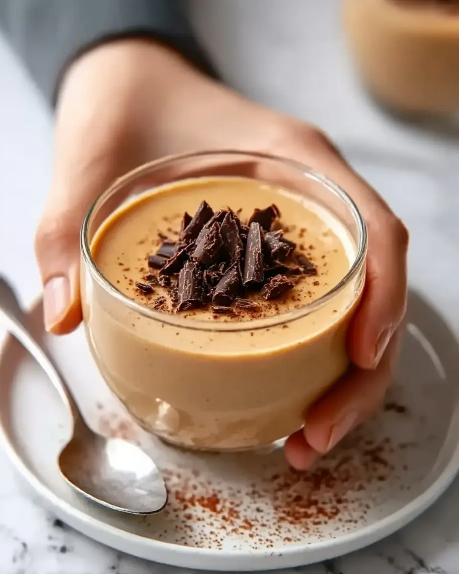 Silky smooth Coffee Panna Cotta in a glass, drizzled with caramel sauce and topped with coffee beans.