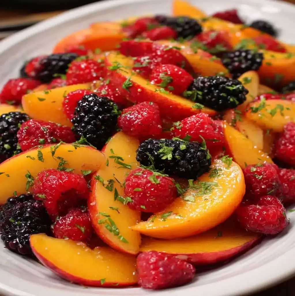 A beautiful Summer Peach Fruit Salad in a white bowl, garnished with fresh mint leaves.