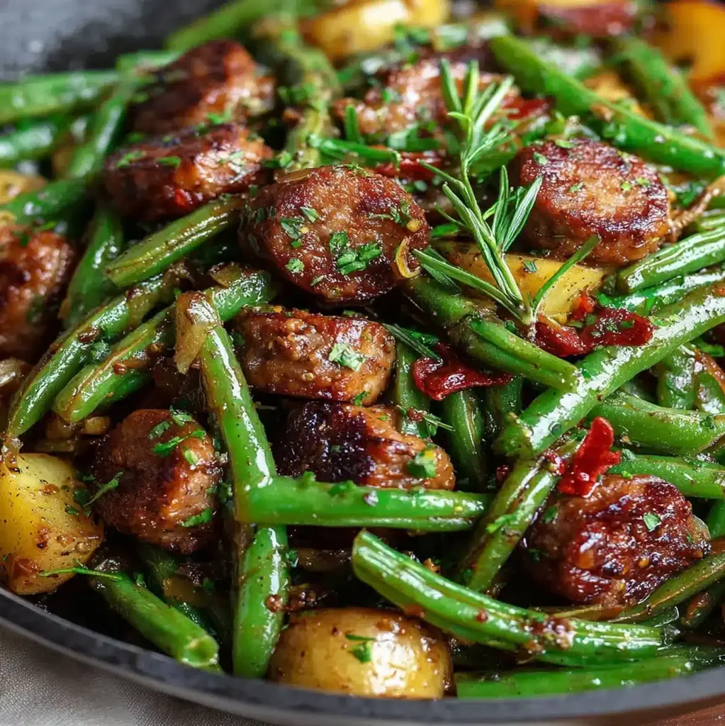 Sausage Potato Green Bean Skillet in a pan