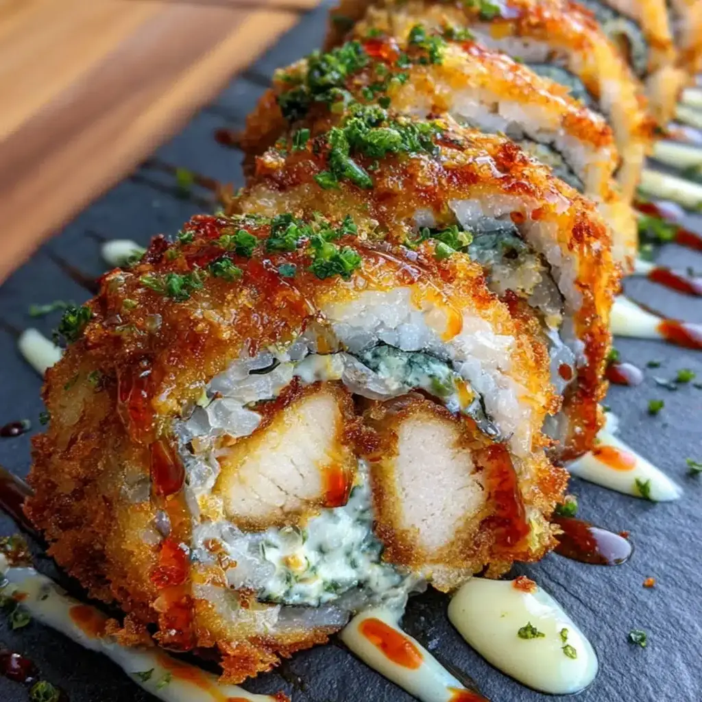 Crispy Chicken Tempura Roll on a serving plate with soy sauce and wasabi.