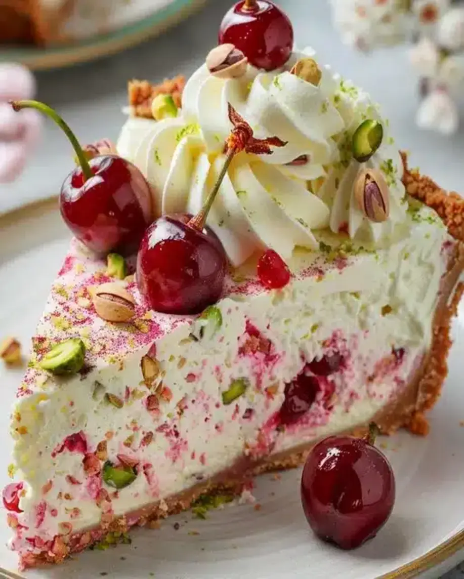 Lemon-Lime Cherry Pistachio Cheesecake slice on a plate with cherries and pistachios.