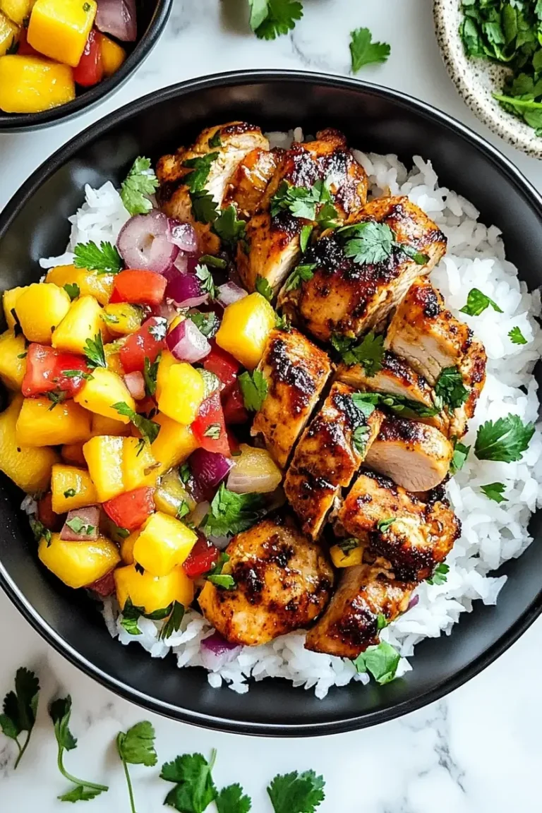 Jerk Chicken Bowls with Mango Salsa and Coconut Rice