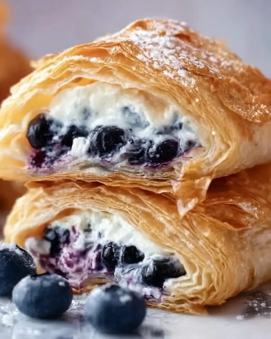 Blueberry Cream Cheese Puff Pastry Recipe showing golden, flaky pastries with a creamy blueberry filling