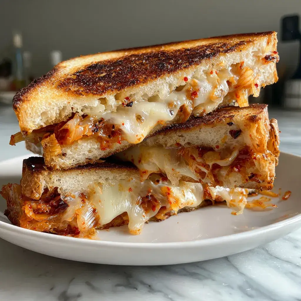 Spicy Caramelized Kimchi Grilled Cheese with Cheddar and Mozzarella