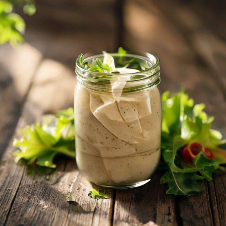 Silken tofu-miso dressing in a glass jar with fresh salad greens on wooden table