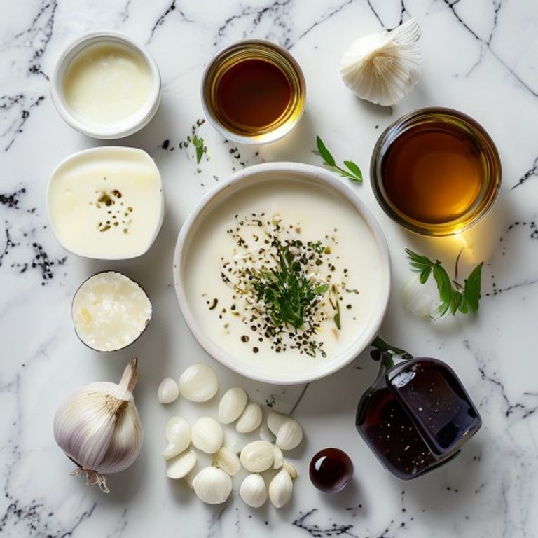 Ingredients for silken tofu-miso dressing arranged flat-lay on white marble