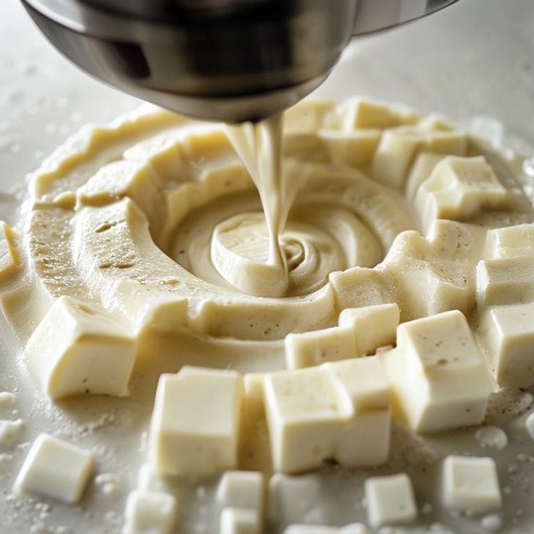 Close-up of blending silken tofu in food processor for miso dressing