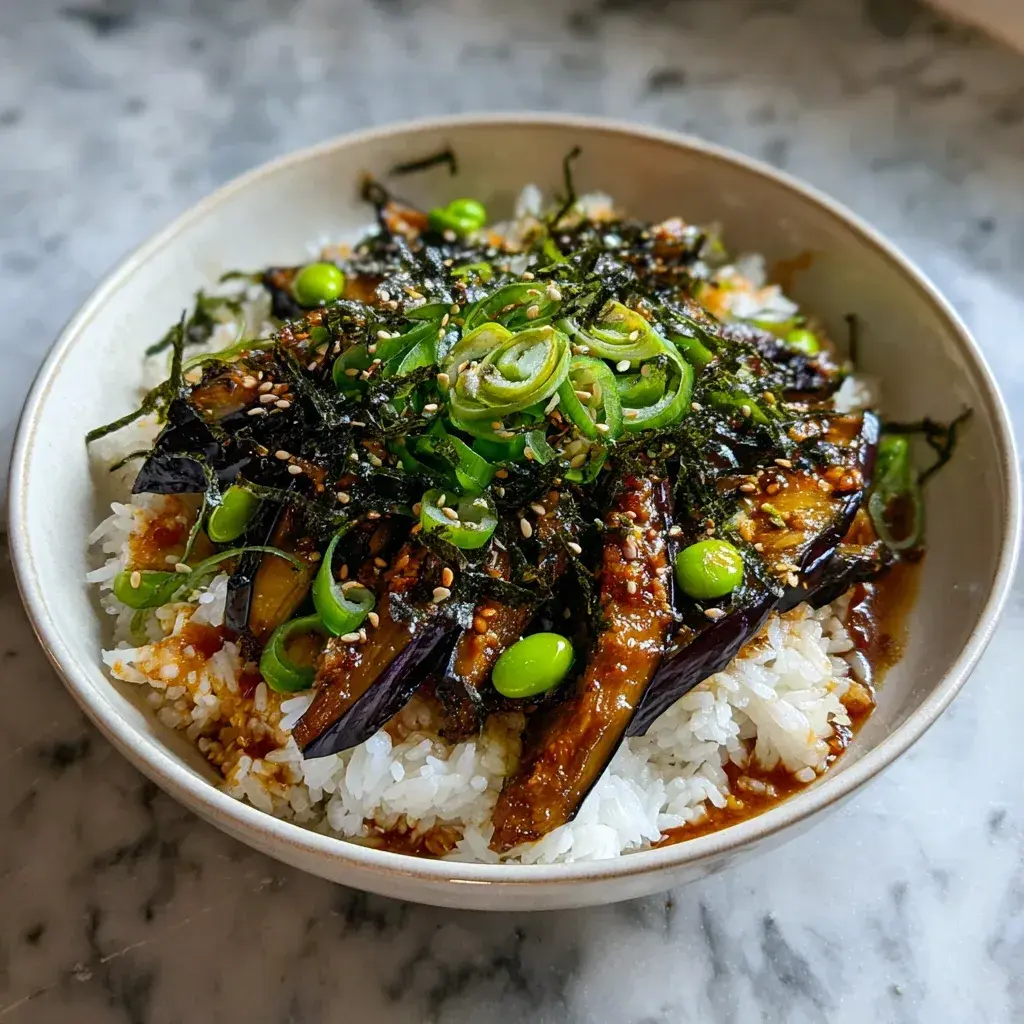 Sweet and Savory Miso Eggplant Rice Bowl with Edamame and Seaweed